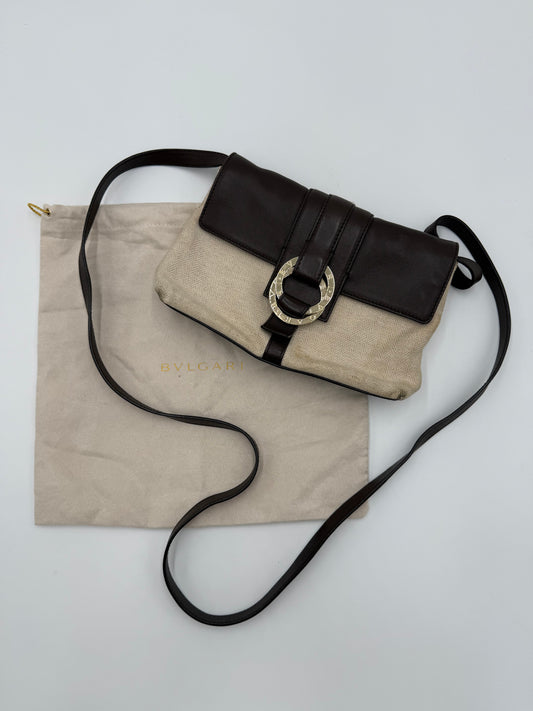 Bulgari Borsa a Spalla in Tela Chevron e Pelle Marrone