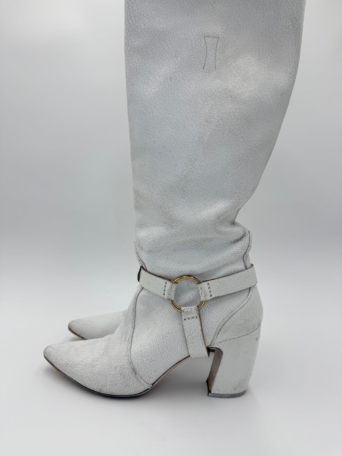 Miu Miu White Crackled Leather Knee-High Boots