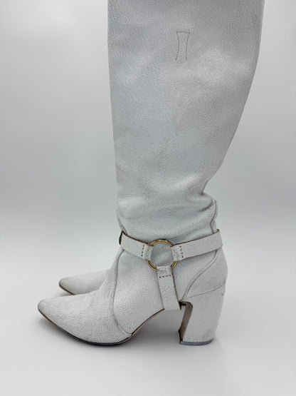 Miu Miu White Crackled Leather Knee-High Boots