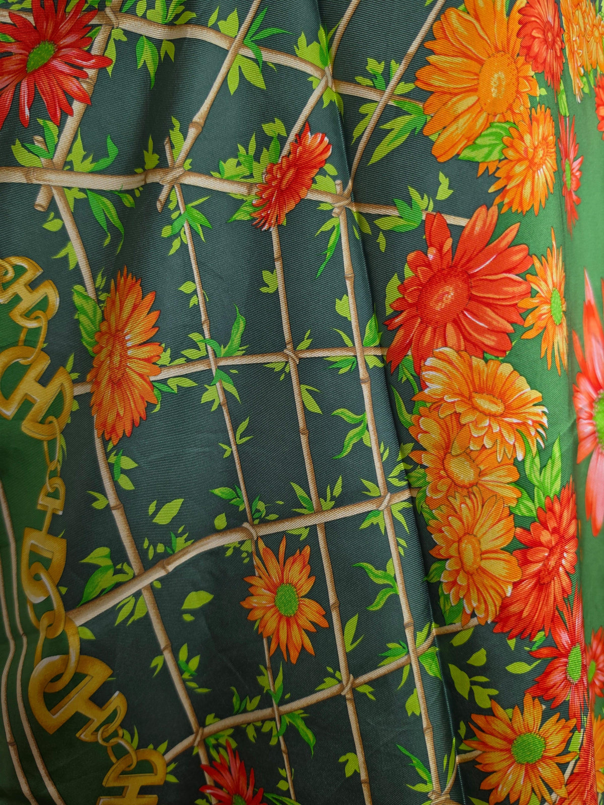Vintage Céline Scarf with Floral and Chain Print in Green