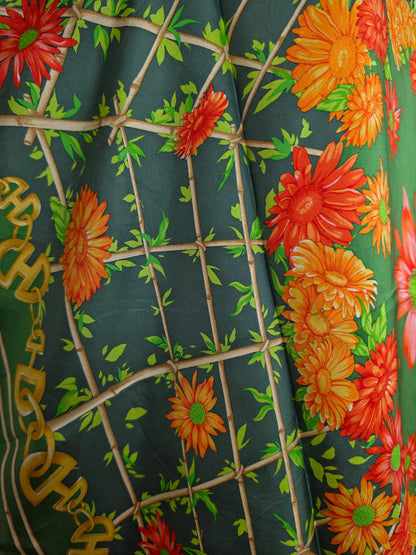 Vintage Céline Scarf with Floral and Chain Print in Green