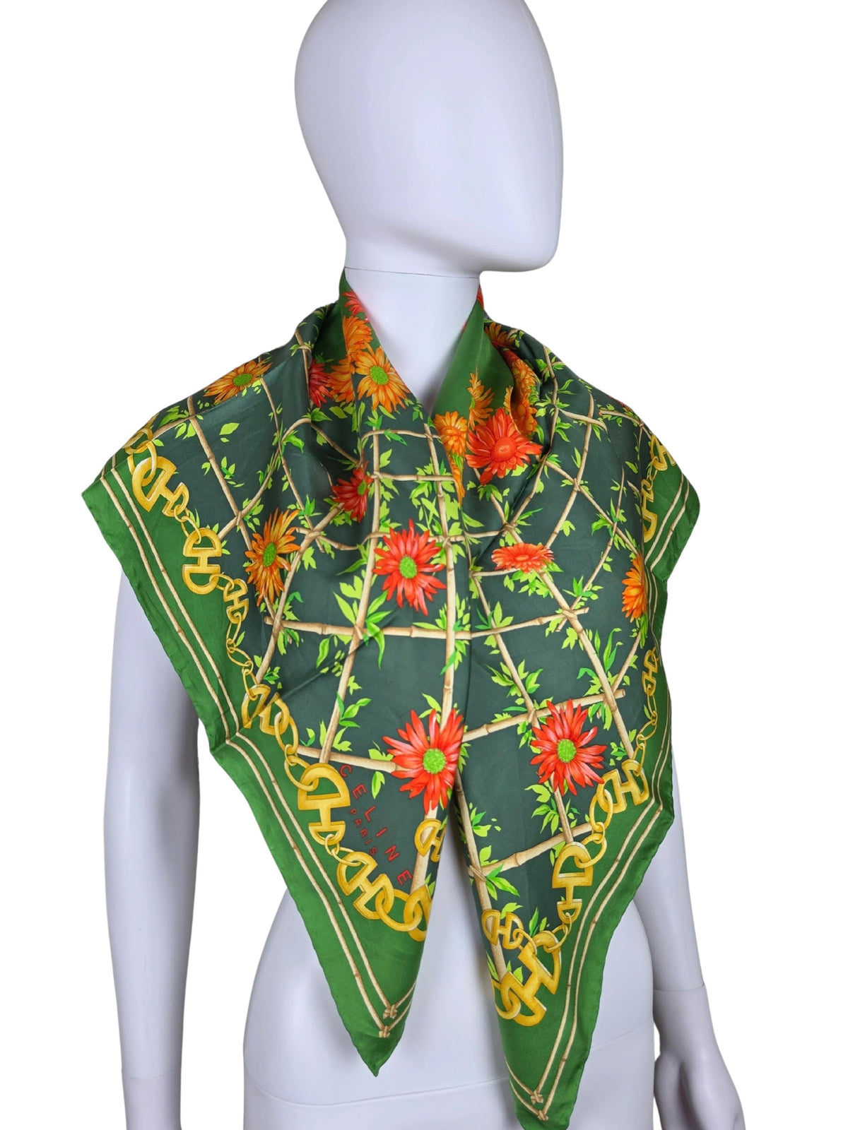 Vintage Céline Scarf with Floral and Chain Print in Green