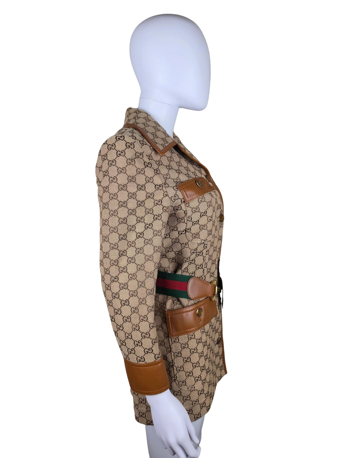 Gucci Blazer Safari in Tela GG Canvas con Dettagli in Pelle e Cintura Web Marrone