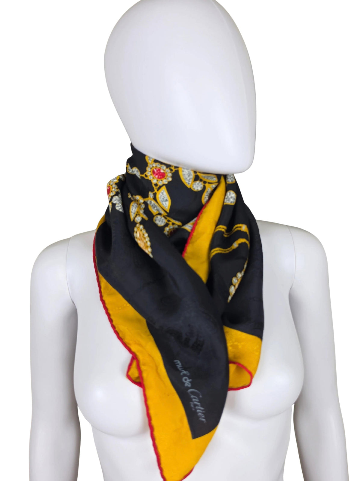 Vintage Must de Cartier Scarf in Black and Yellow Jewel Print
