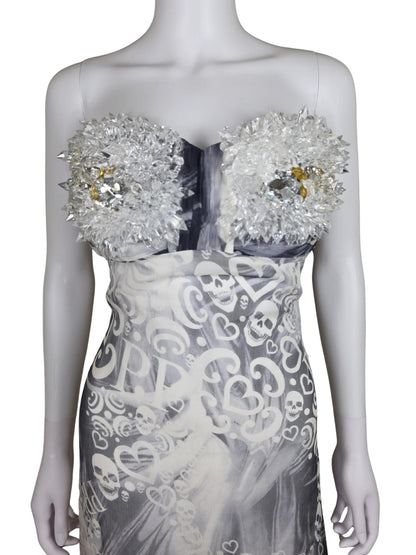 Philipp Plein Abito Lungo Rock Goddess in Seta con Corpetto di Cristalli Bianco e Grigio