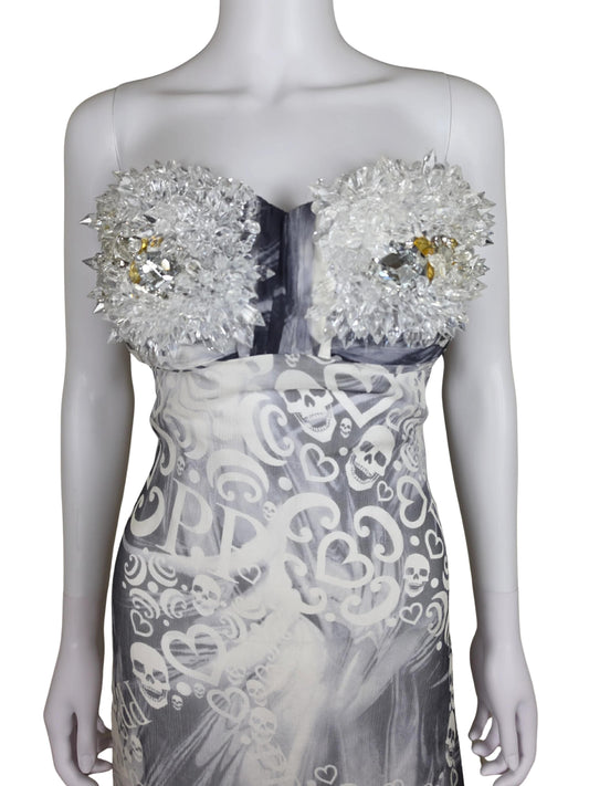 Philipp Plein Abito Lungo Rock Goddess in Seta con Corpetto di Cristalli Bianco e Grigio