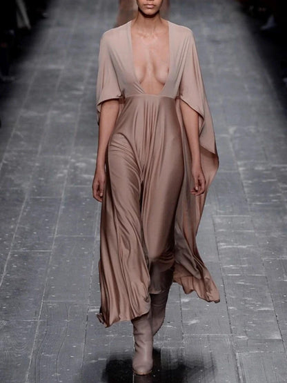 Valentino FW 2016 Runway Long Dress with Cape and Nude Deep V-Neck