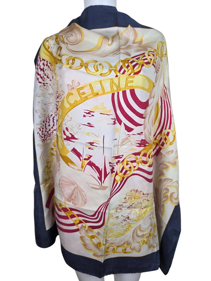 Celine Foulard Vintage con Catene Dorate e Bordo Blu