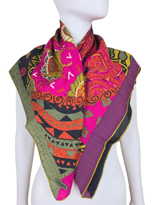 Vintage Missoni Scarf with Multicolored Geometric and Floral Patterns