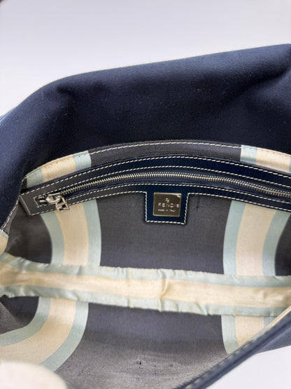 Fendi Vintage Navy Blue Denim Baguette Bag with Contrast Stitching