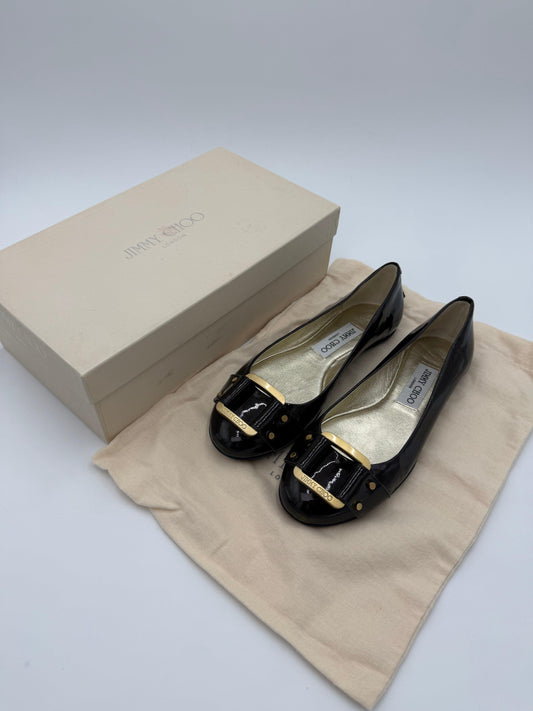 Jimmy Choo Navy Patent Leather Morse Flats with Gold-Tone Details