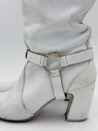 Miu Miu White Crackled Leather Knee-High Boots