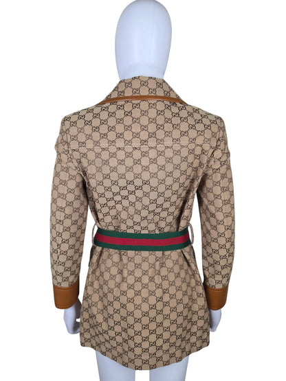 Gucci Blazer Safari in Tela GG Canvas con Dettagli in Pelle e Cintura Web Marrone