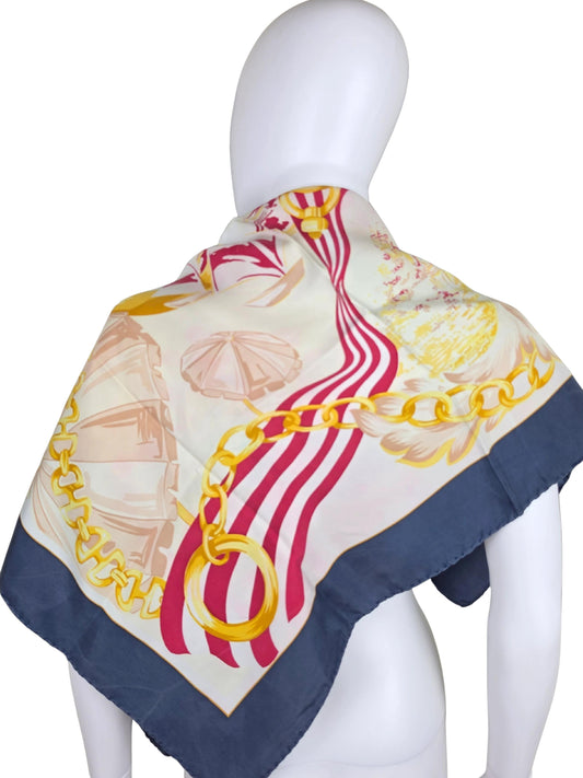 Vintage Celine Scarf with Gold Chains and Blue Border