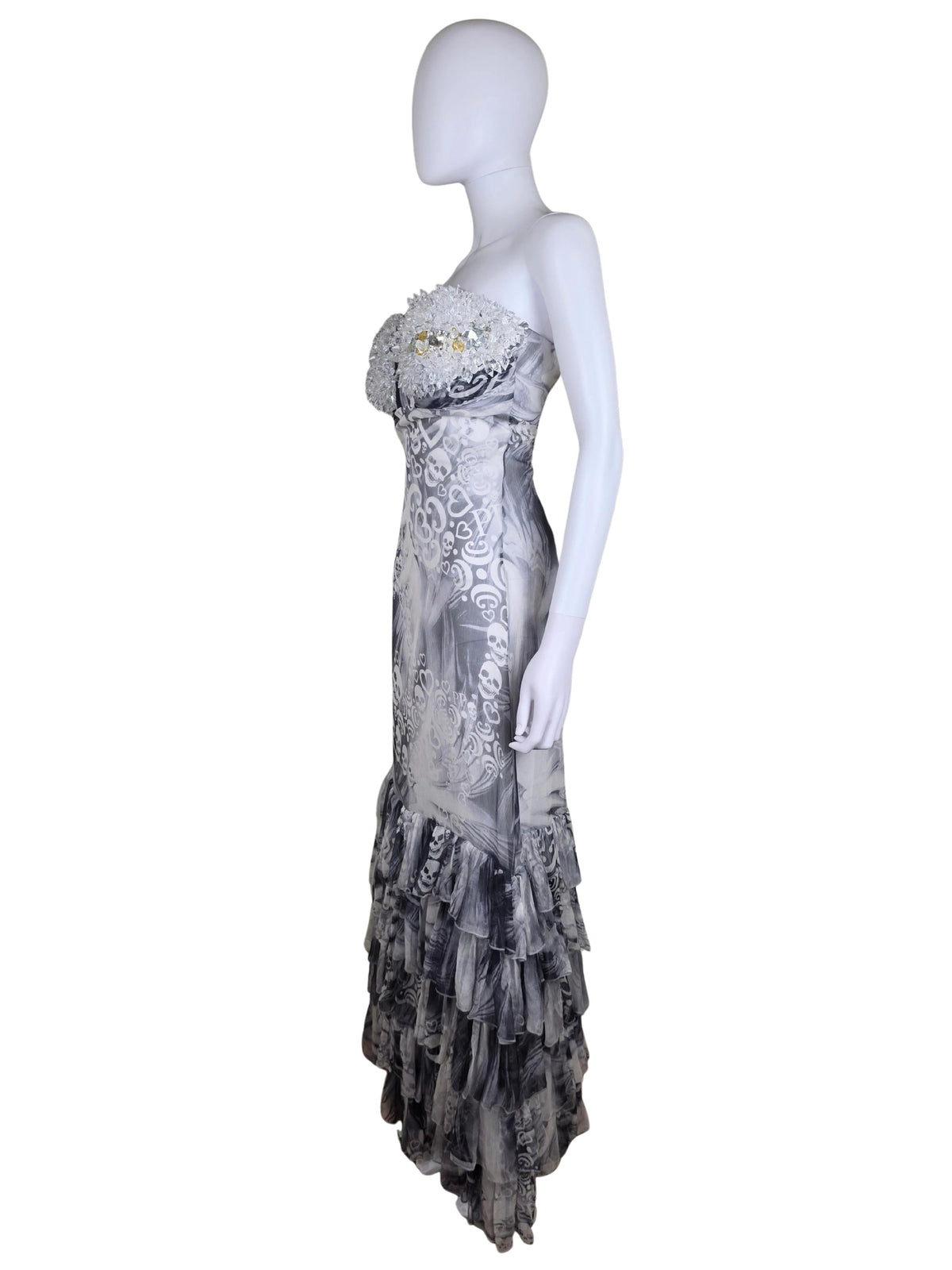 Philipp Plein Abito Lungo Rock Goddess in Seta con Corpetto di Cristalli Bianco e Grigio