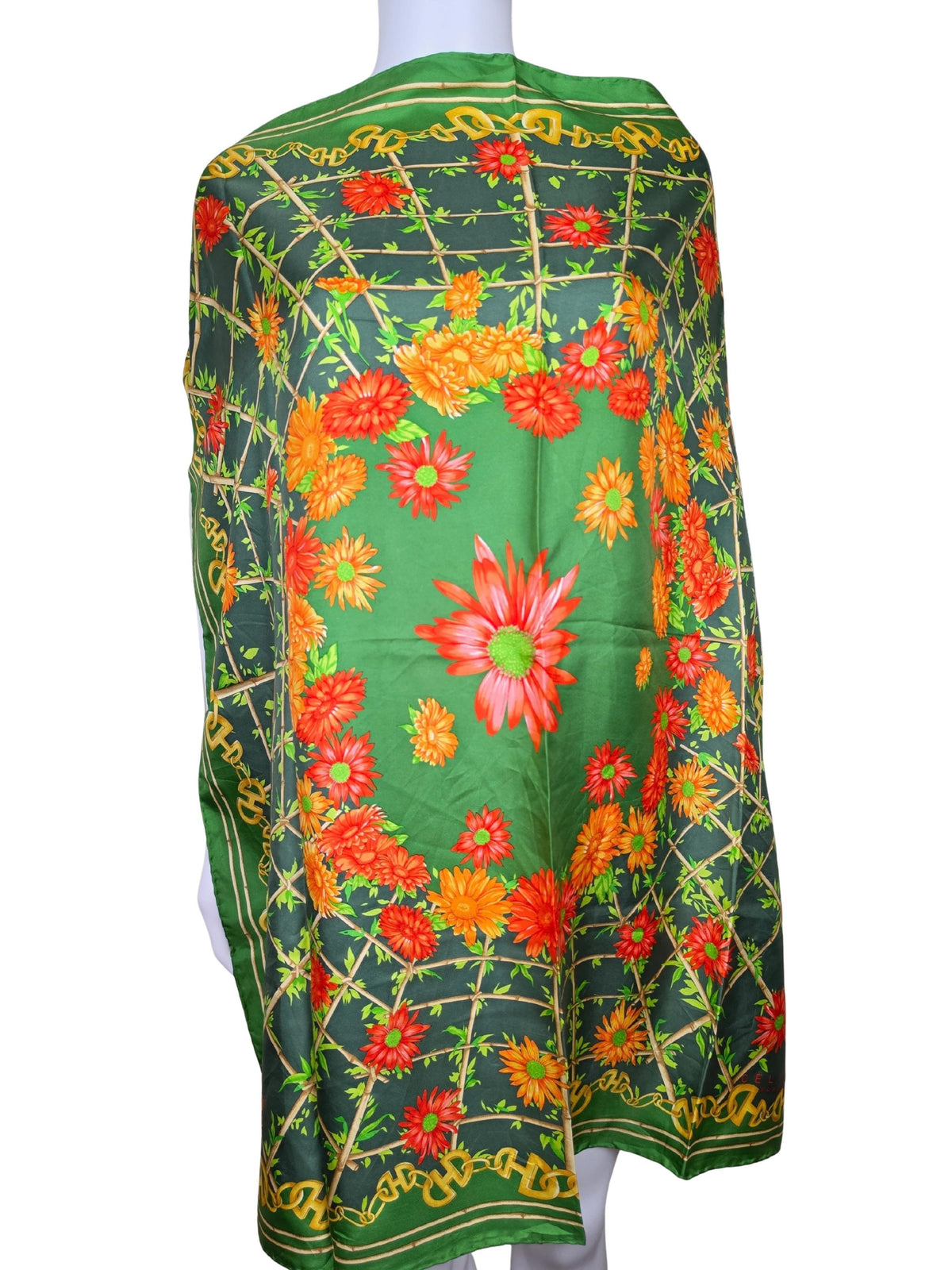 Vintage Céline Scarf with Floral and Chain Print in Green
