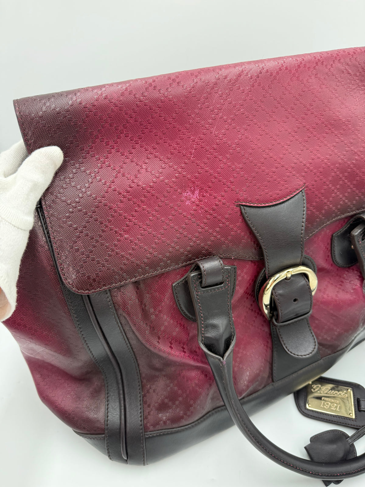 Gucci Borsone da Viaggio Firenze 1921 in Tela Jacquard Bordeaux e Pelle Marrone Scuro