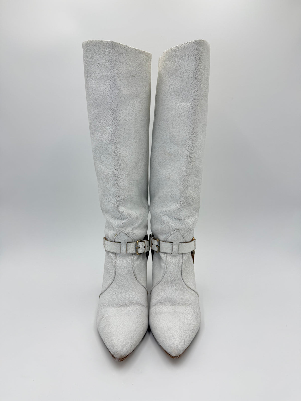 Miu Miu White Crackled Leather Knee-High Boots