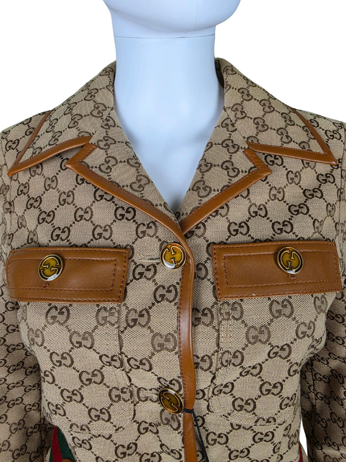 Gucci Blazer Safari in Tela GG Canvas con Dettagli in Pelle e Cintura Web Marrone
