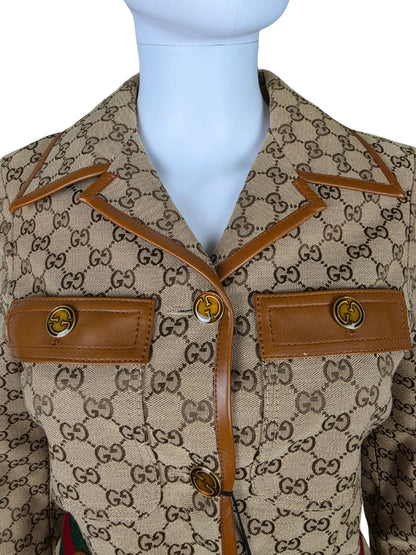 Gucci Blazer Safari in Tela GG Canvas con Dettagli in Pelle e Cintura Web Marrone