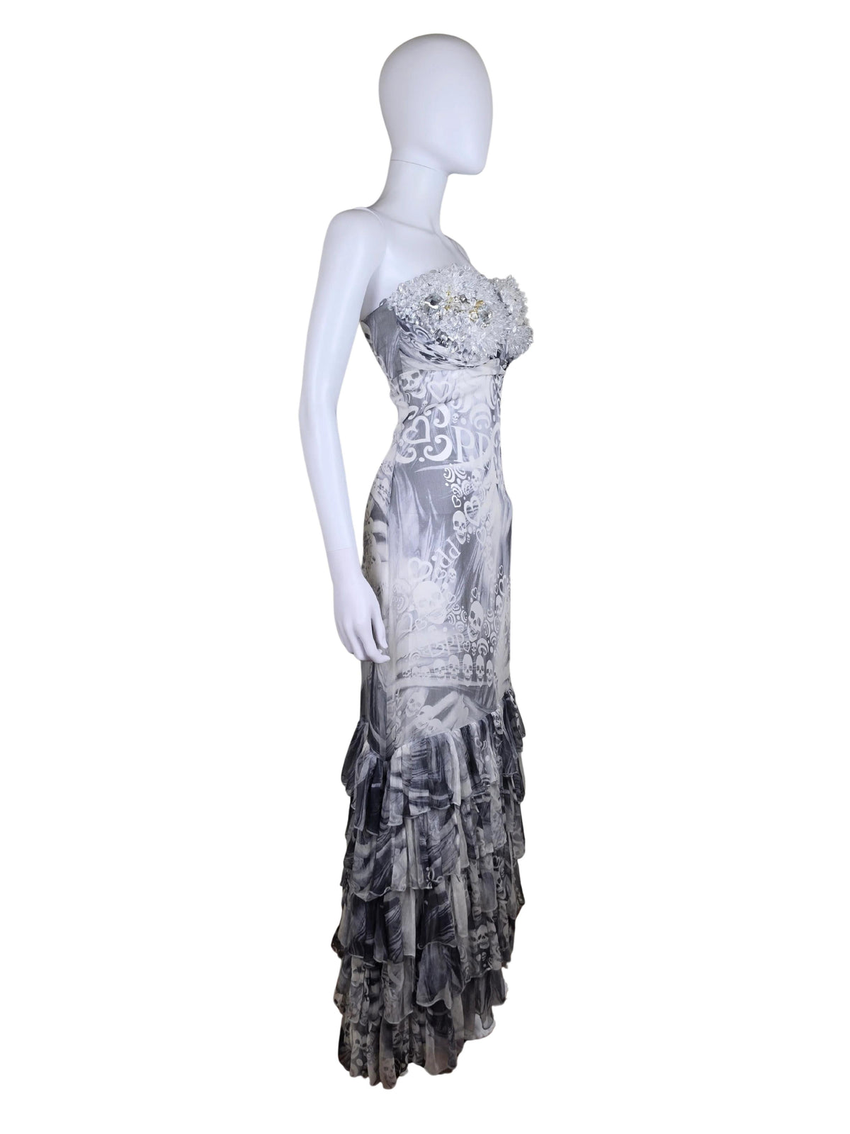 Philipp Plein Abito Lungo Rock Goddess in Seta con Corpetto di Cristalli Bianco e Grigio