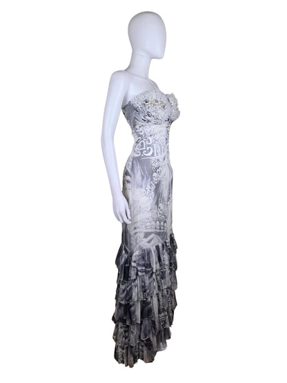 Philipp Plein Abito Lungo Rock Goddess in Seta con Corpetto di Cristalli Bianco e Grigio