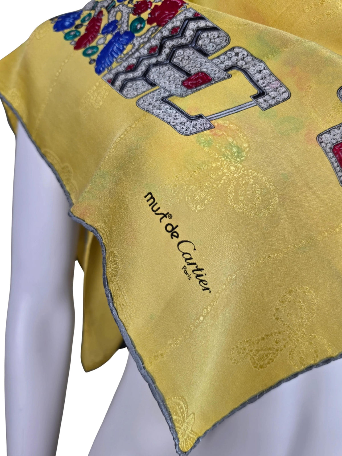 Vintage Cartier Must de Cartier Silk Scarf with Yellow Jewelry Motif