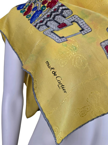 Vintage Cartier Must de Cartier Silk Scarf with Yellow Jewelry Motif
