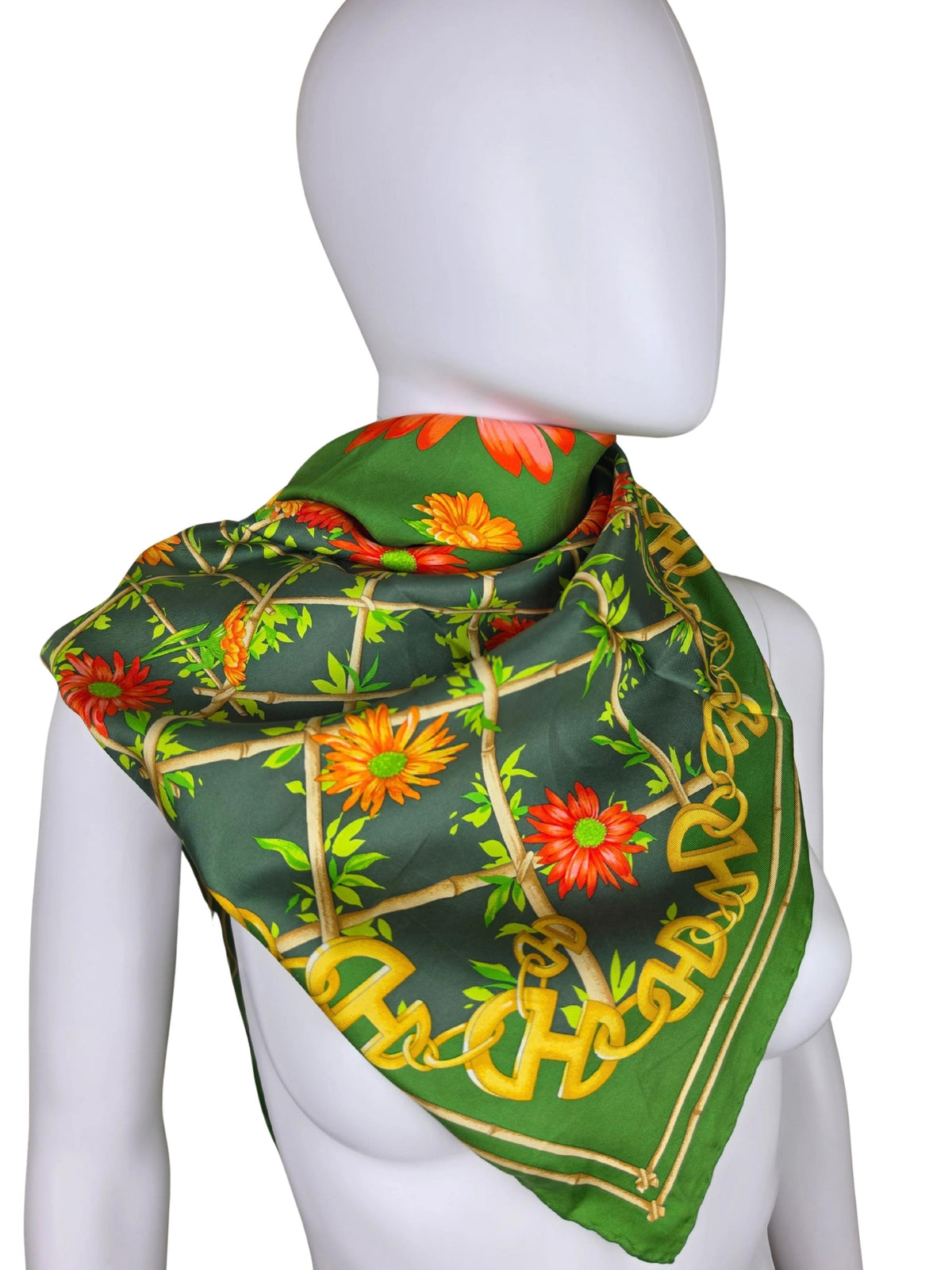 Vintage Céline Scarf with Floral and Chain Print in Green
