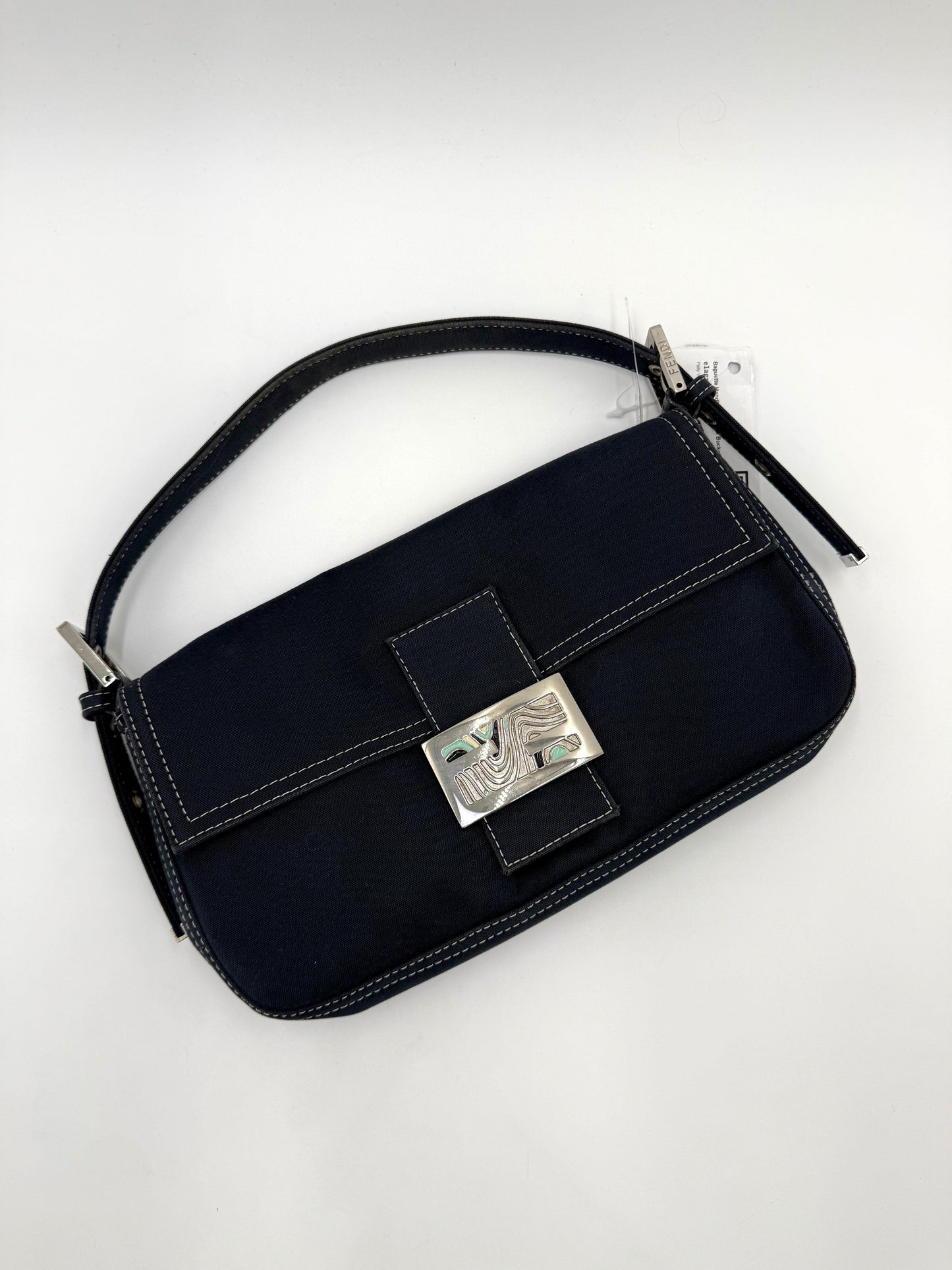 Fendi Vintage Navy Blue Denim Baguette Bag with Contrast Stitching