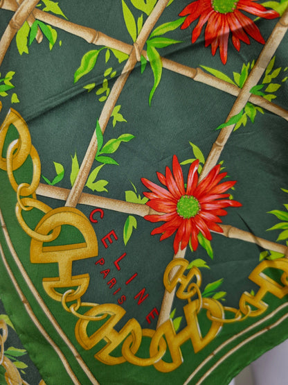 Vintage Céline Scarf with Floral and Chain Print in Green