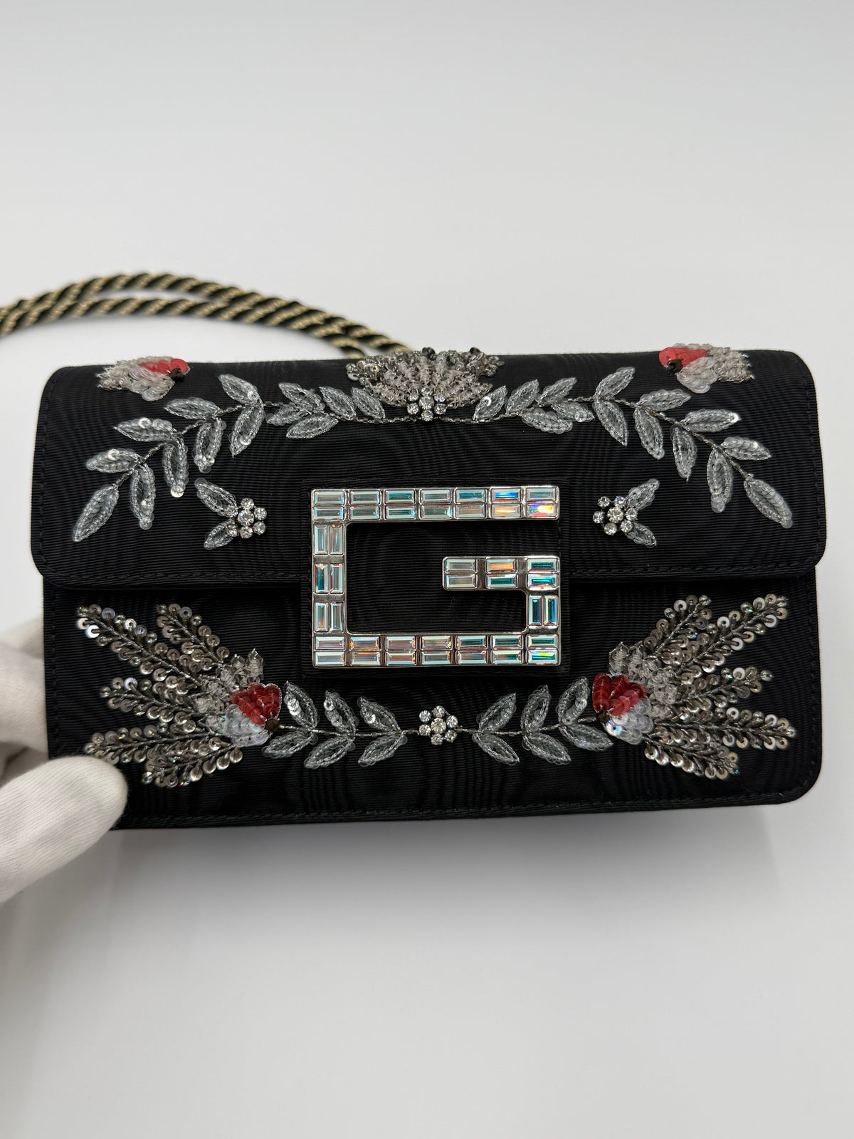 Gucci Borsa a Tracolla Broadway Crystal 'G' in Gros-Grain Ricamato Nero