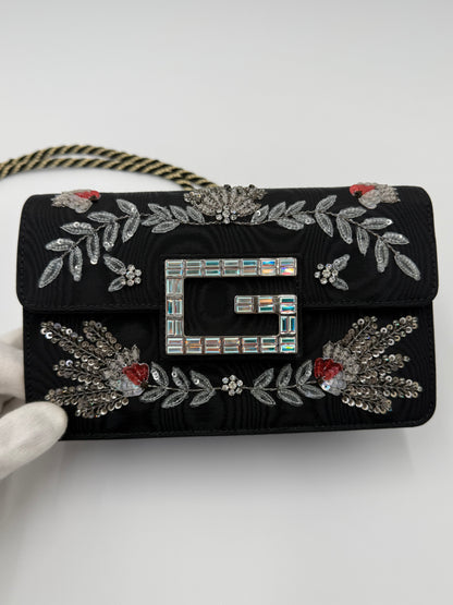 Gucci Borsa a Tracolla Broadway Crystal 'G' in Gros-Grain Ricamato Nero