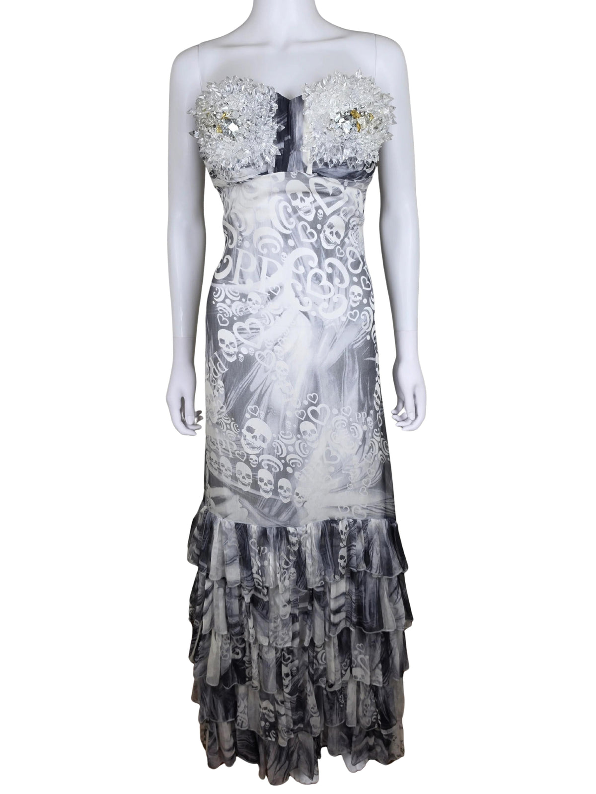 Philipp Plein Abito Lungo Rock Goddess in Seta con Corpetto di Cristalli Bianco e Grigio