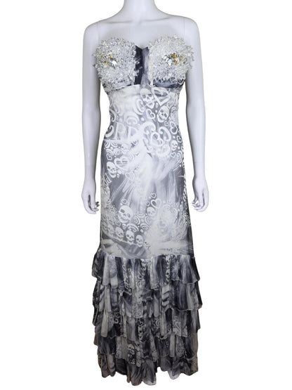 Philipp Plein Abito Lungo Rock Goddess in Seta con Corpetto di Cristalli Bianco e Grigio