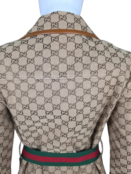 Gucci Blazer Safari in Tela GG Canvas con Dettagli in Pelle e Cintura Web Marrone