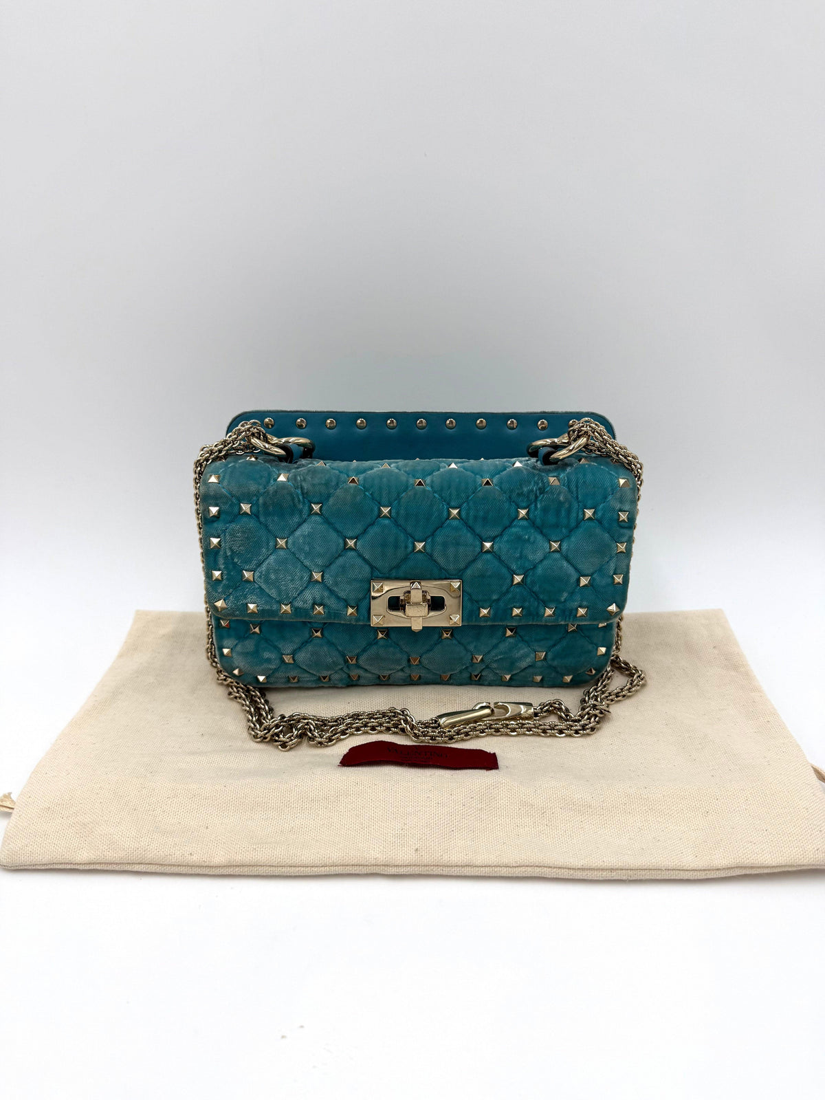 Valentino Garavani Borsa Rockstud Spike Small in Velluto Azzurro