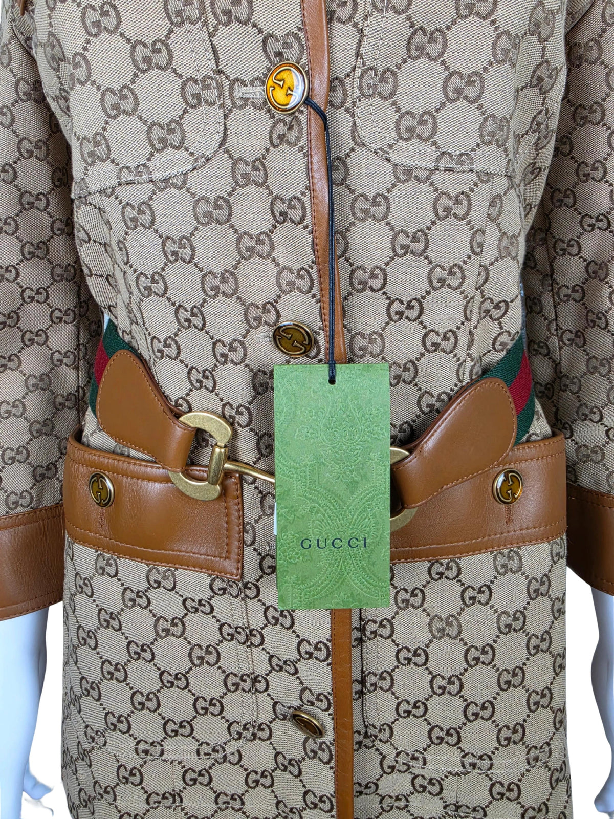 Gucci Blazer Safari in Tela GG Canvas con Dettagli in Pelle e Cintura Web Marrone