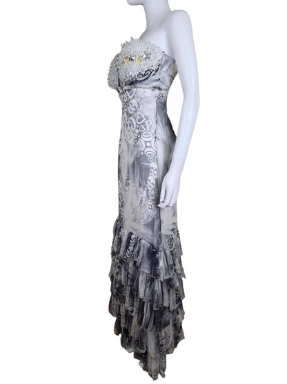 Philipp Plein Abito Lungo Rock Goddess in Seta con Corpetto di Cristalli Bianco e Grigio