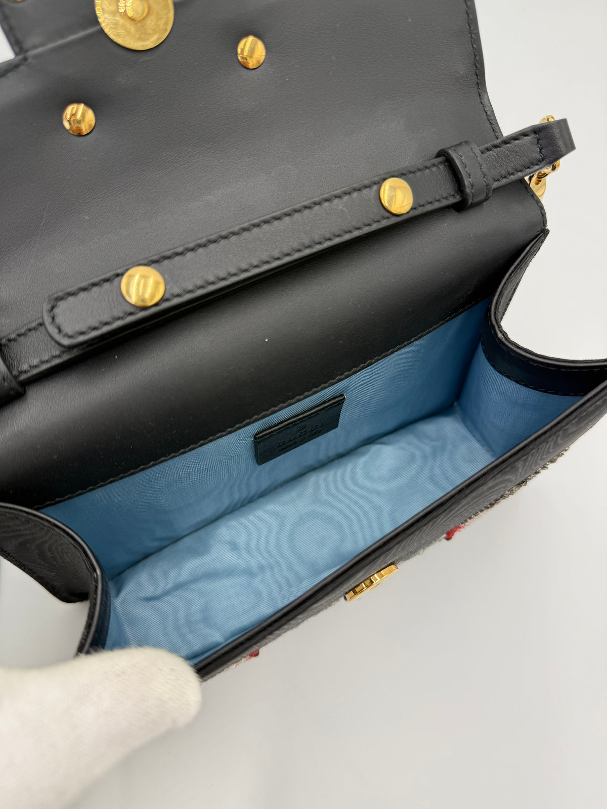 Gucci Borsa a Tracolla Broadway Crystal 'G' in Gros-Grain Ricamato Nero