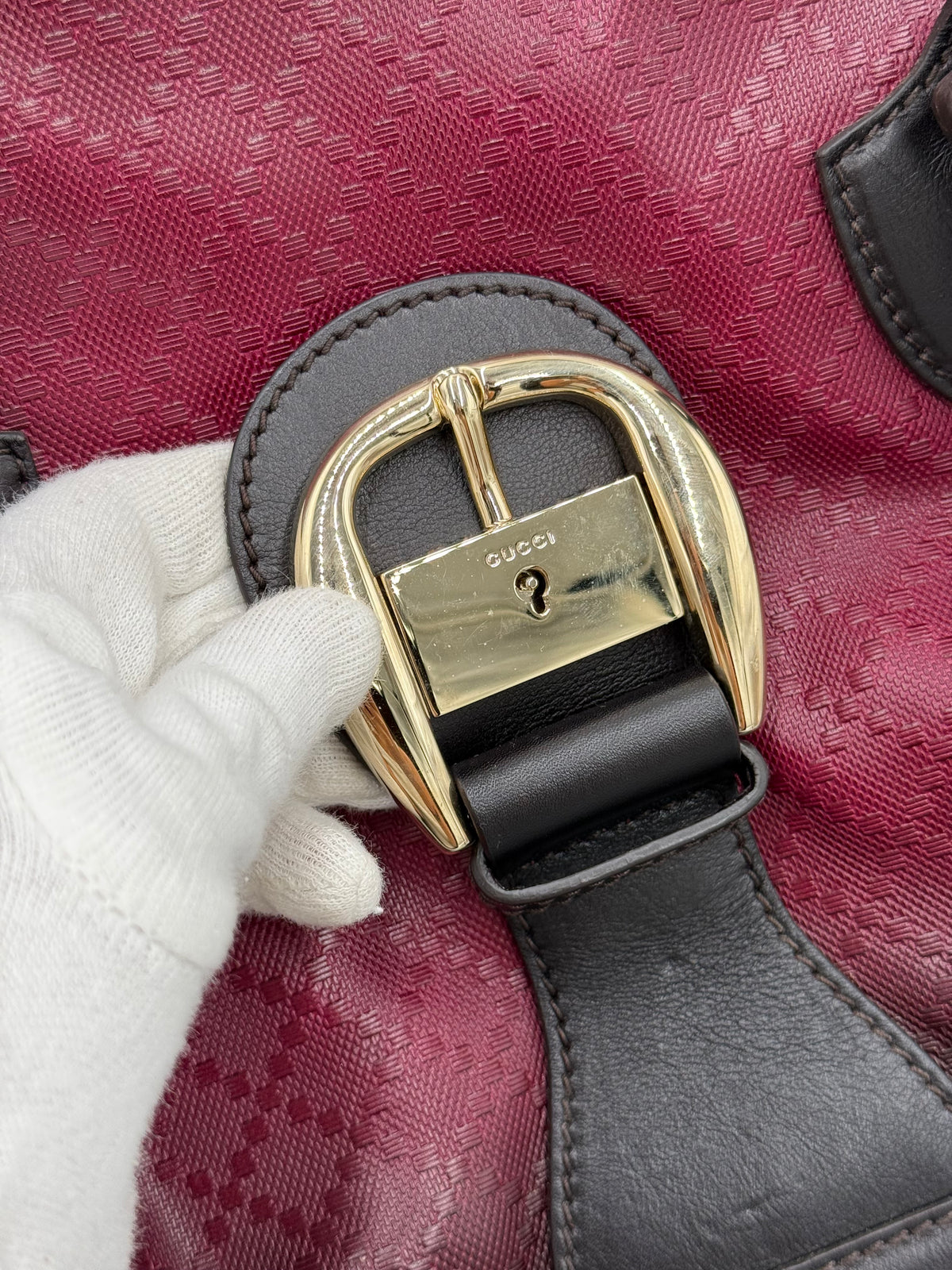Gucci Borsone da Viaggio Firenze 1921 in Tela Jacquard Bordeaux e Pelle Marrone Scuro