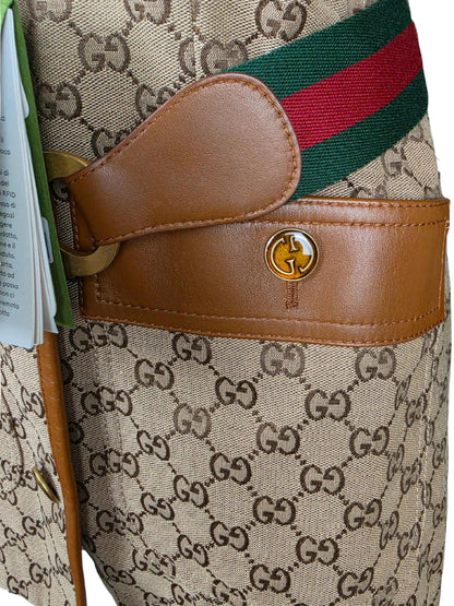 Gucci Blazer Safari in Tela GG Canvas con Dettagli in Pelle e Cintura Web Marrone