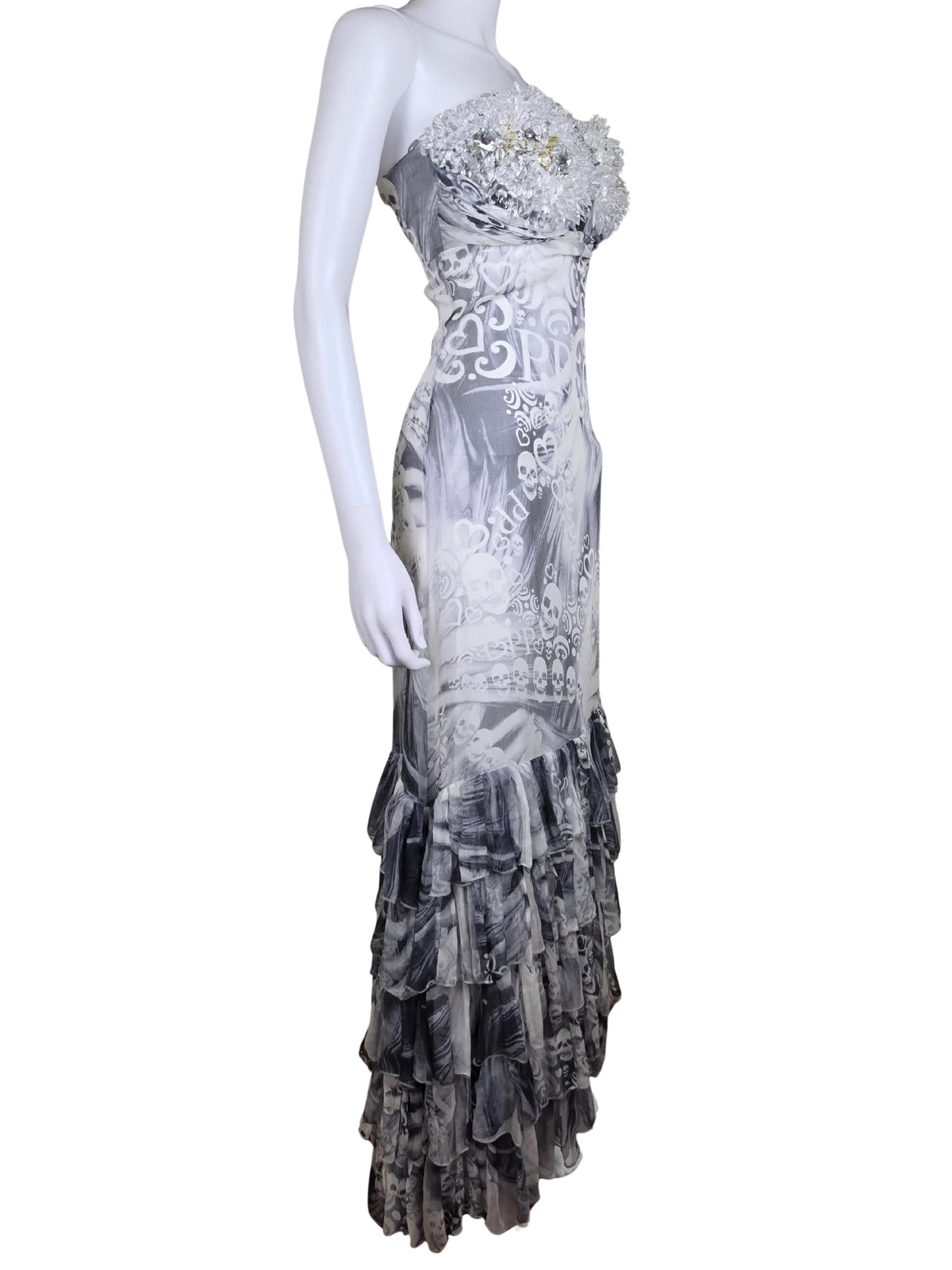 Philipp Plein Abito Lungo Rock Goddess in Seta con Corpetto di Cristalli Bianco e Grigio