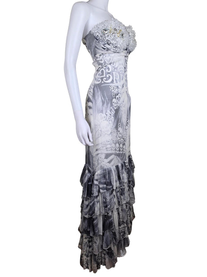 Philipp Plein Abito Lungo Rock Goddess in Seta con Corpetto di Cristalli Bianco e Grigio