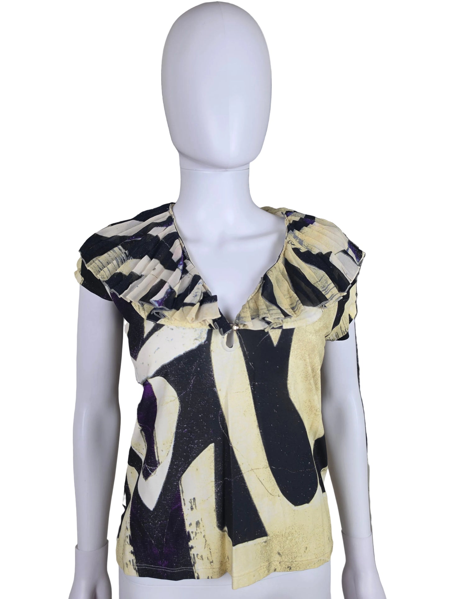 Roberto Cavalli Camicetta Vintage a Stampa Grafica e Scollo Plissé