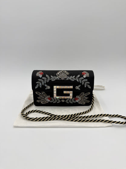 Gucci Borsa a Tracolla Broadway Crystal 'G' in Gros-Grain Ricamato Nero