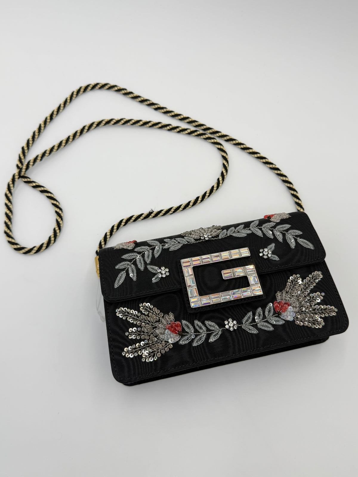 Gucci Borsa a Tracolla Broadway Crystal 'G' in Gros-Grain Ricamato Nero