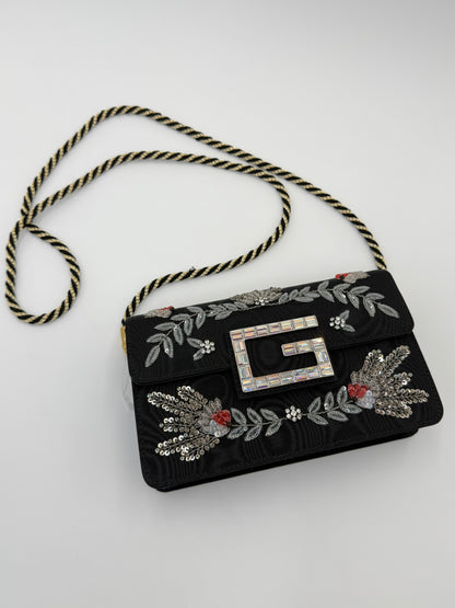Gucci Borsa a Tracolla Broadway Crystal 'G' in Gros-Grain Ricamato Nero