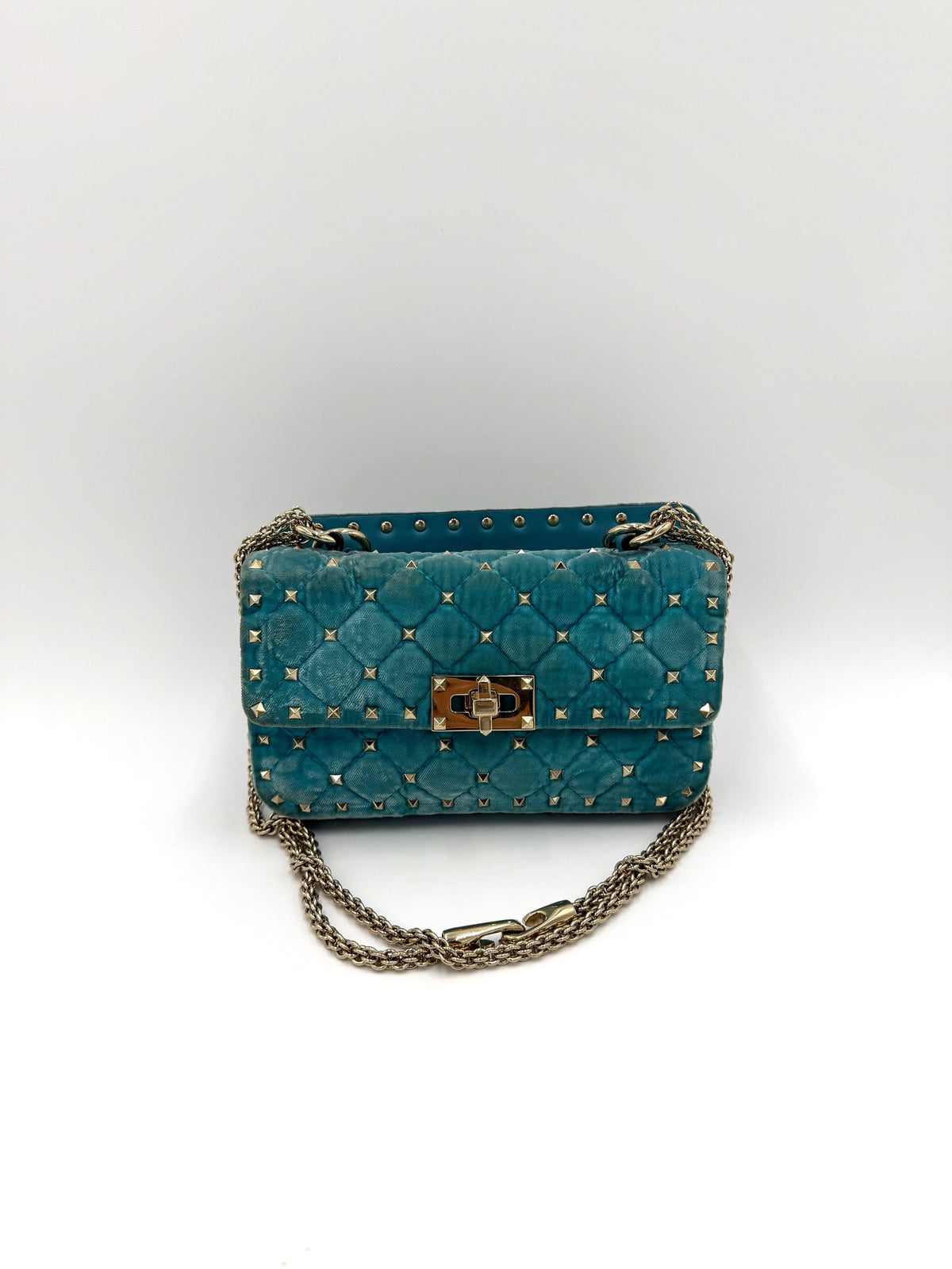 Valentino Garavani Borsa Rockstud Spike Small in Velluto Azzurro