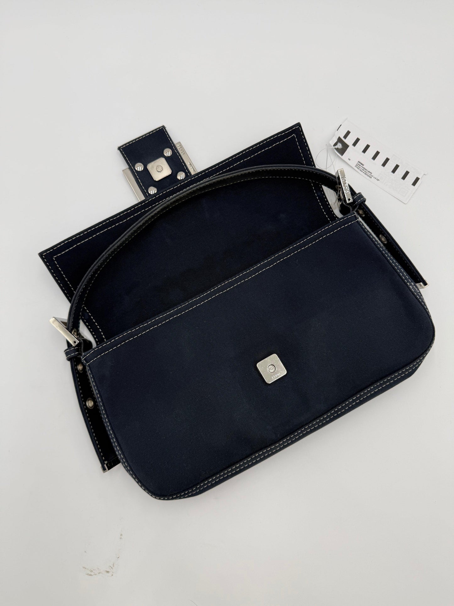 Fendi Vintage Navy Blue Denim Baguette Bag with Contrast Stitching